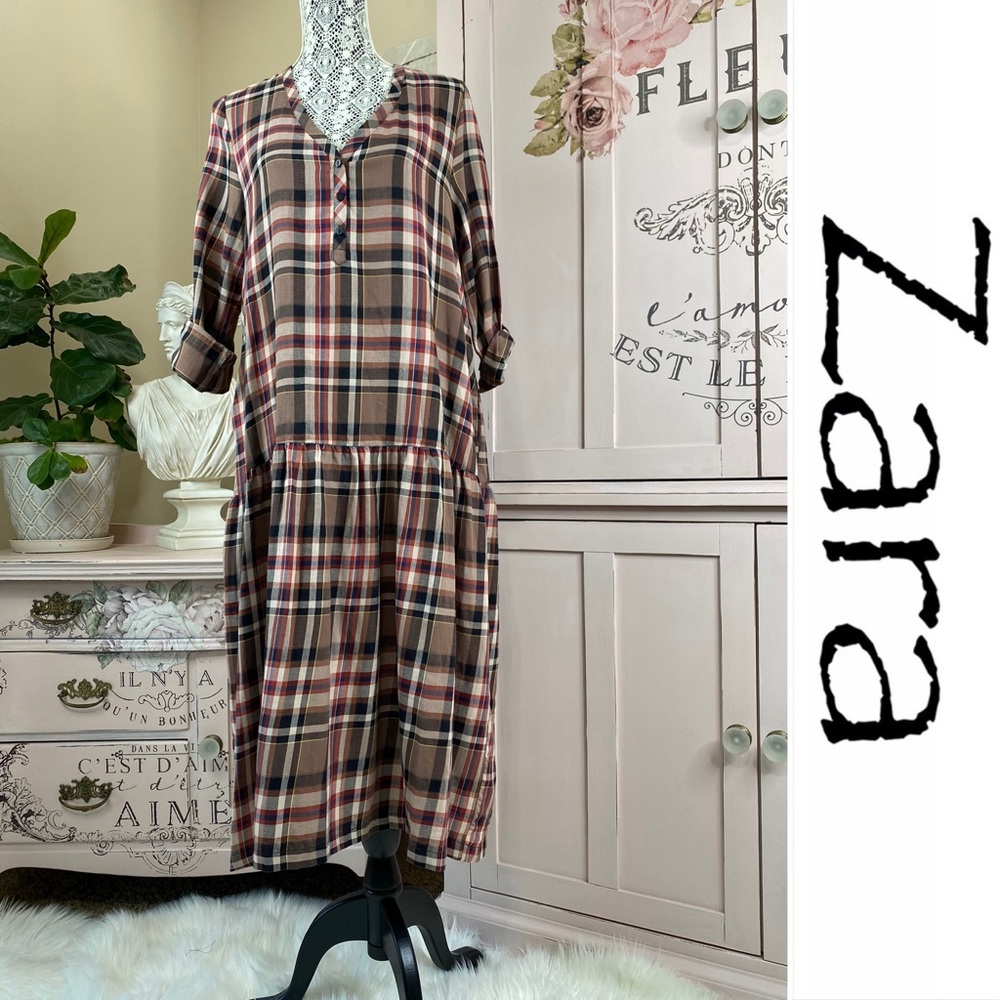 ZARA Brown Plaid Drop Waist Dress NWT